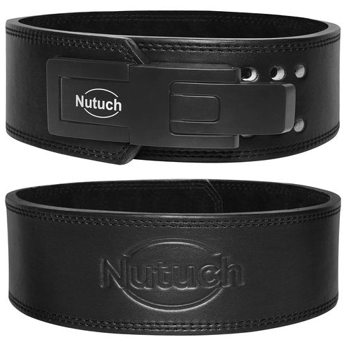 NUTUCH Genuine Leather Lever Weight Lifting Belt |10mm | Gym Belts | Weight Lifting Belts for Men and Women | Grain Leather Weightlifting Belt | Workout Belt | Powerlifting Belt for Back Support | Squats (Black - Lever Type 2, Medium)