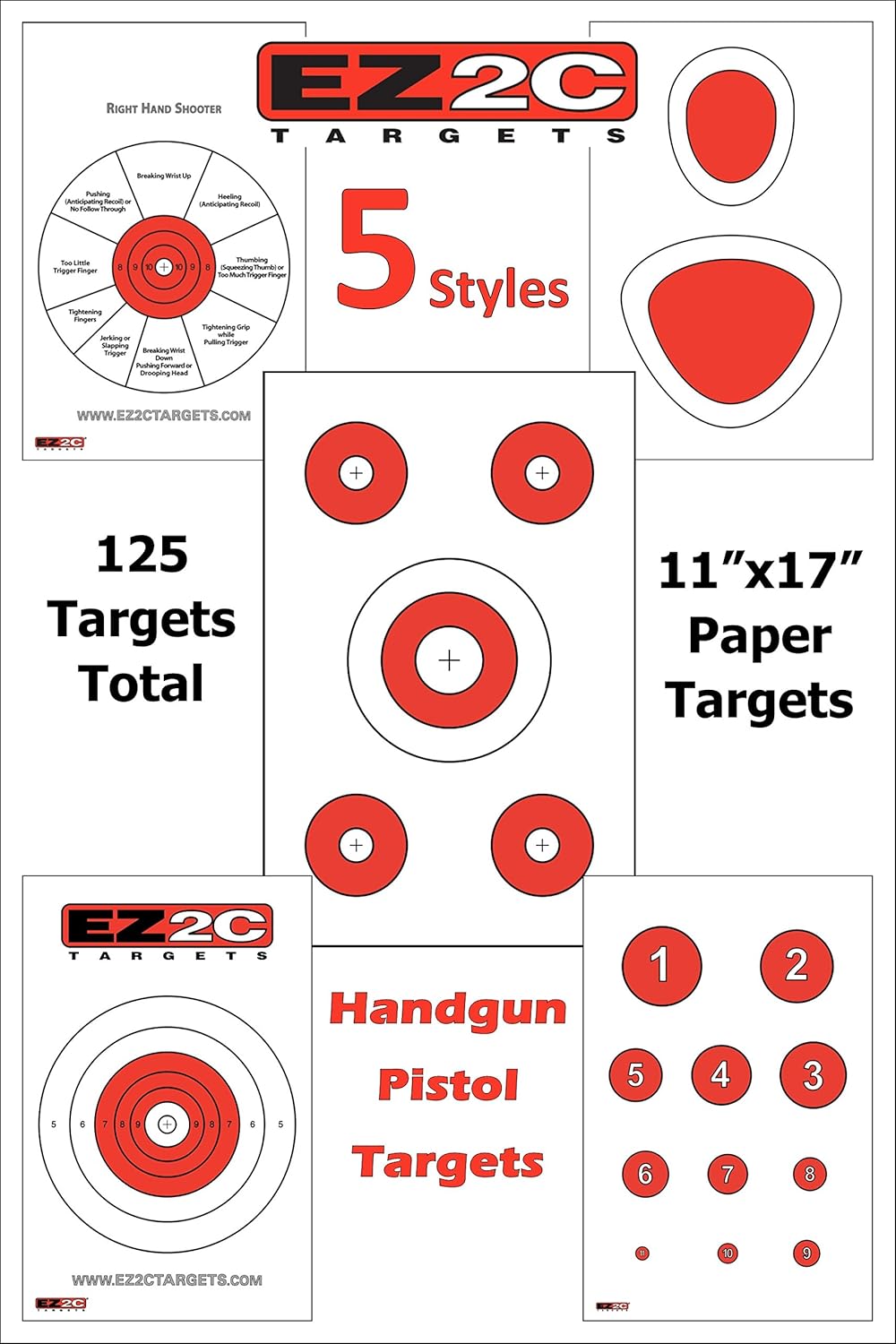 5 Style Gun and Rifle Paper Targets Bundle Pack for Shooting by EZ2C ~ Highly Visible and Bright Game Target ~ for Gun Range or Outdoor Use ~ 11" x 17"