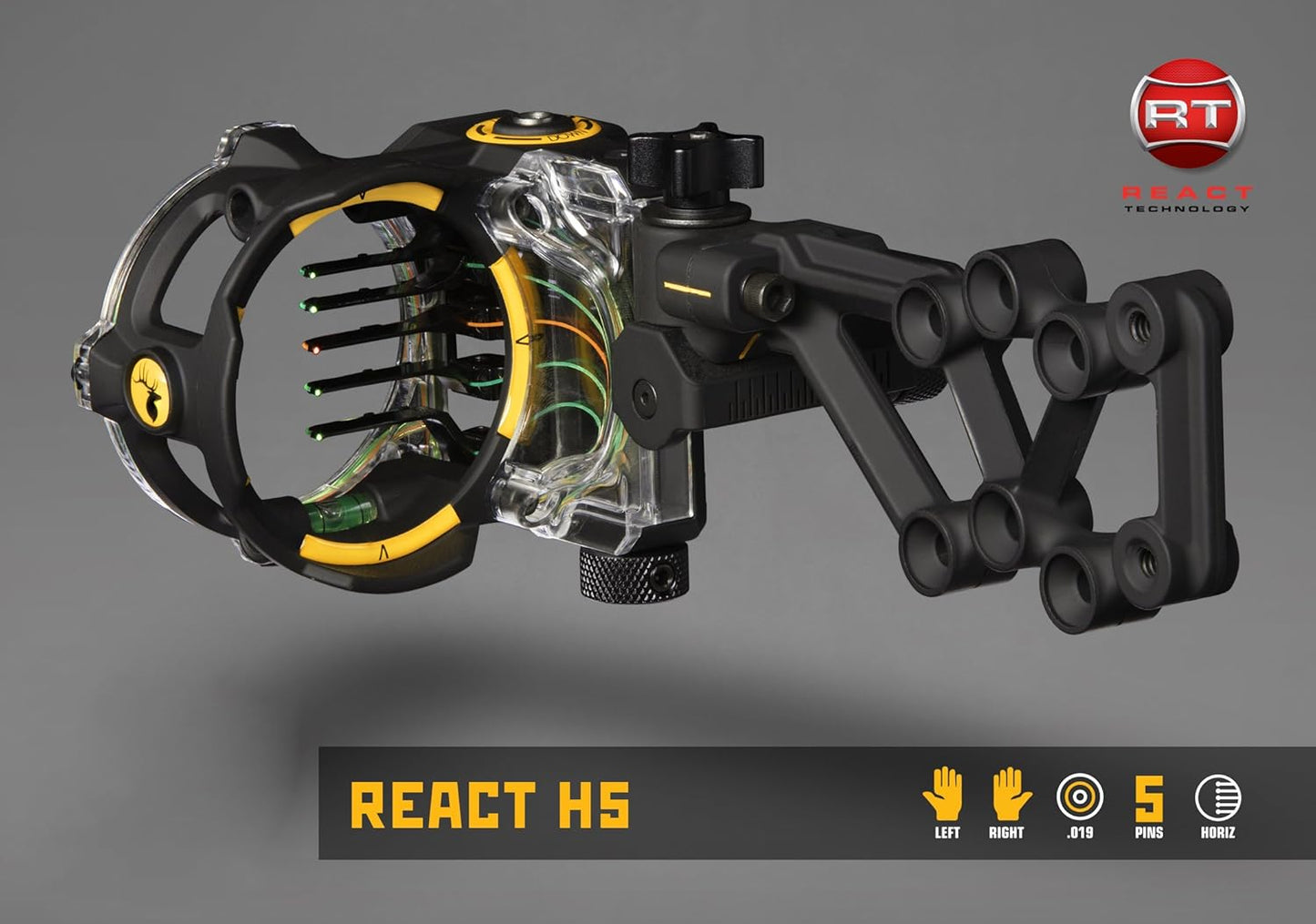 Trophy Ridge React H5 Bow Sight - 5 Pin Sight, Tool Less Windage and Elevation Adustability, 2nd Axis Leveling, Adjustable Click Light