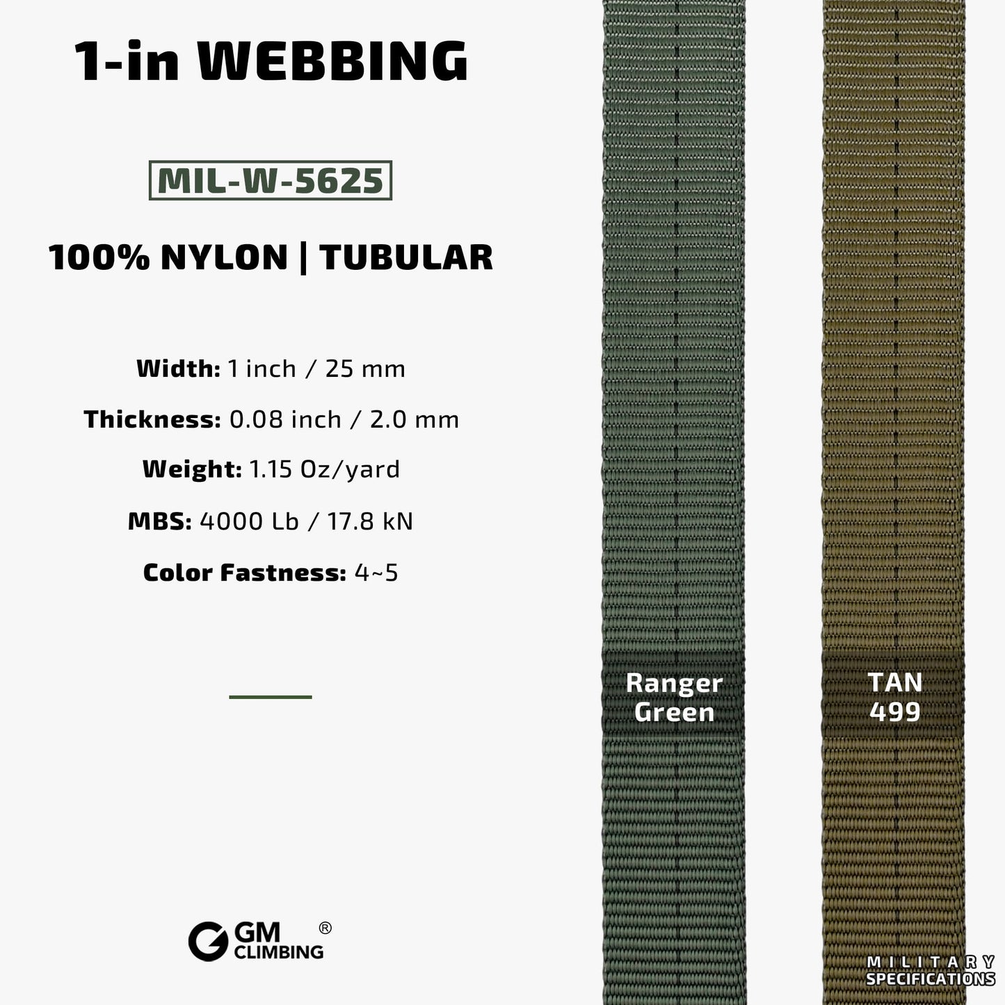 GM CLIMBING 1 inch MIL-W-5625 Nylon Tubular Webbing Milspecs 4000Lbs Durable for Outdoor Tactical Parachute Climbing Rescue Survival Tie Down 1 inch x 50Ft Tan 499
