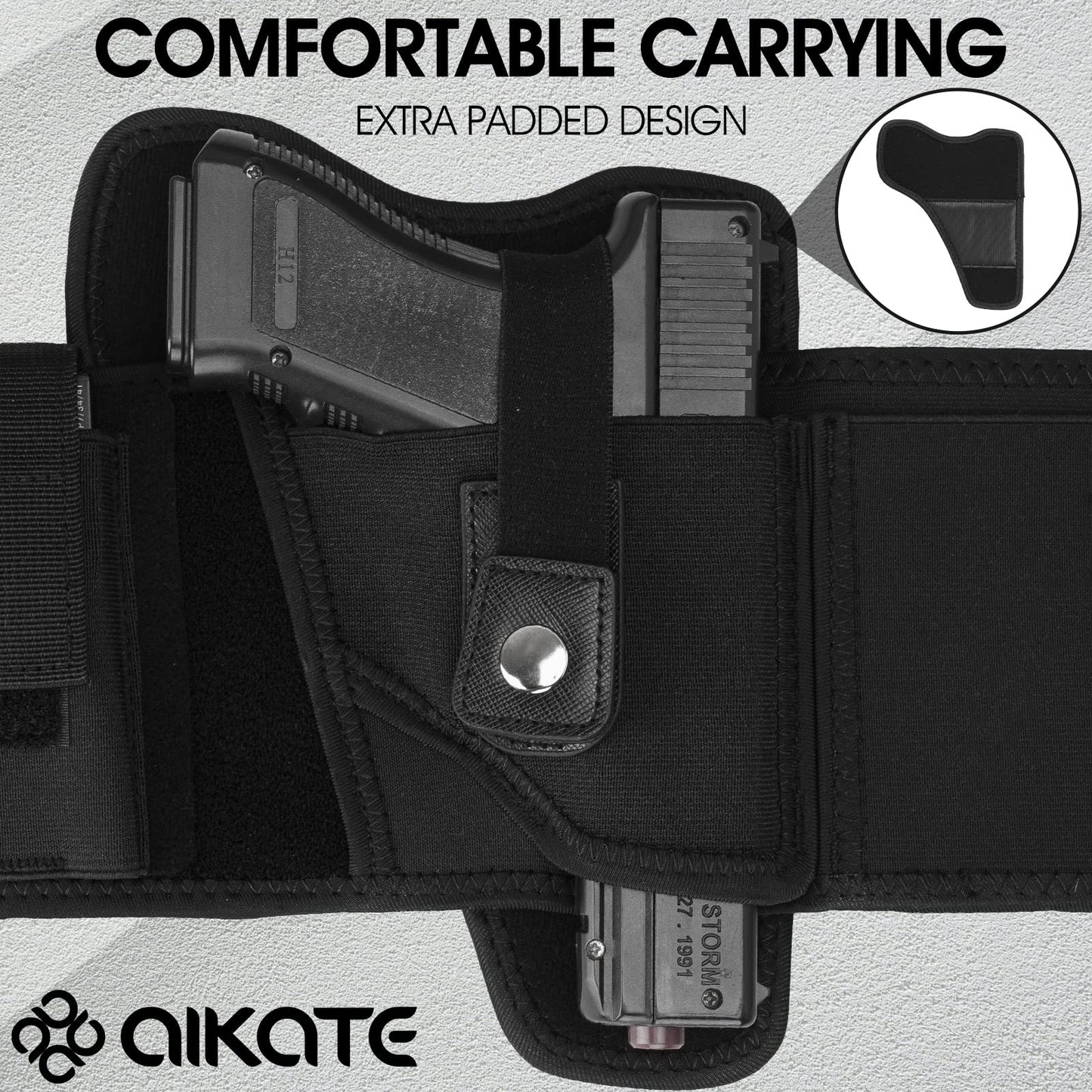 AIKATE Upgraded Belly Band Holster for Concealed Carry, Deep Concealment Gun Holster for Men, Waistband Holsters Fits for Glock 19, 17, M&P Shield 9MM Most Pistols (Fits Belly Up to 45", Right)