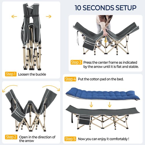 Yaheetech Folding Camping Cot Portable Outdoor Bed for Adults w/Mat & Storage Bag & Carry Bag, Heavy Duty Cots for Outdoor Travel & Office/Home Nap Gray Cot/Blue Pad