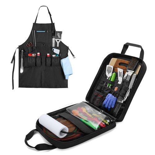 HODRANT Hanging Camp Utensil Organizer & Large BBQ Grilling Apron, Portable Camping Kitchen Cookware Bag with Towel Paper Holder & Cooking Apron for Men with Pockets & Slit Hem
