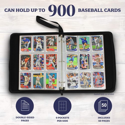 Baseball Card Binder 900 Pockets, 50 Pages, 3 Ring Trading Zipper Binder w/Strap, Large Storage, 9 Pocket Organizer Sleeves, Metal Release Tabs, Leather, Baseball Card Holder, Sports Collectors Gift