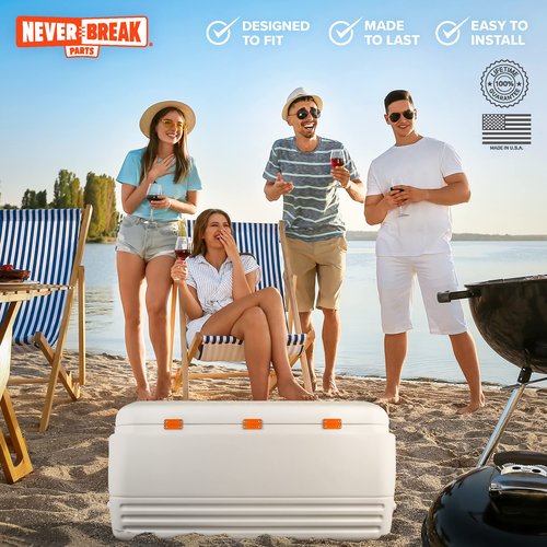 NeverBreak Parts - Large Igloo Cooler Repair Kit and Lid Strap Combo Kit Includes Three Orange Hinges, Two Orange Latches with Posts and Two Stainless Steel Lid Straps