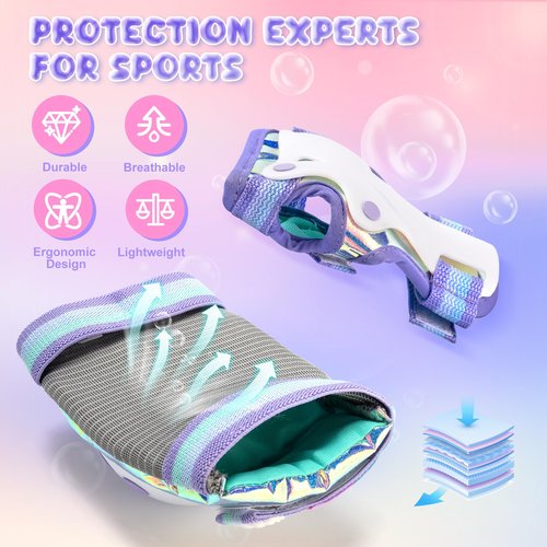 NEMONE Mermaid Knee Pads for Kids, Girls Boys Knee Elbow Pads Wrist Guards with Drawstring Bag, Adjustable Reflective Protective Gear Set for Roller Skates Bike Cycling Skateboard Scooter