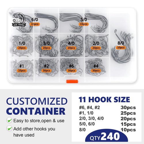 UCEC 240PCS Circle Hooks Saltwater Fishing Hooks 2X Strong Offset Catfish Hooks Assortment, Octopus Hook High Carbon Steel Fish Hook Kit, Size: #6#4#2#1 1/0 2/0 3/0 4/0 5/0 6/0 8/0