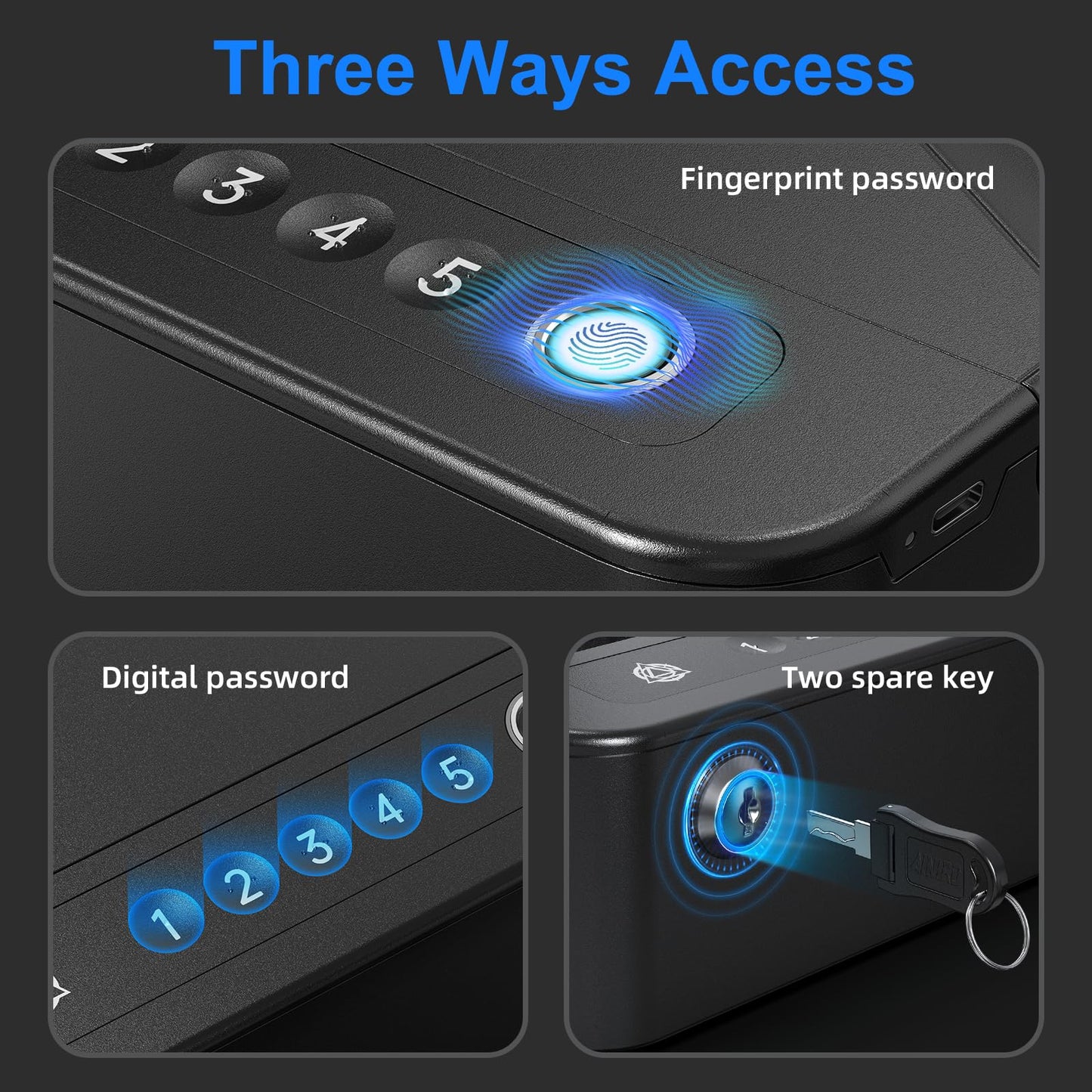 AINIRO Gun Safe for Handgun, Small Biometric Gun Safe with Built-in Handle Gun Lock Box for Pistols with Fingerprint, Keypad and Key Unlock Pistol Safe for Home, Car, Truck, Bedside Nightstand