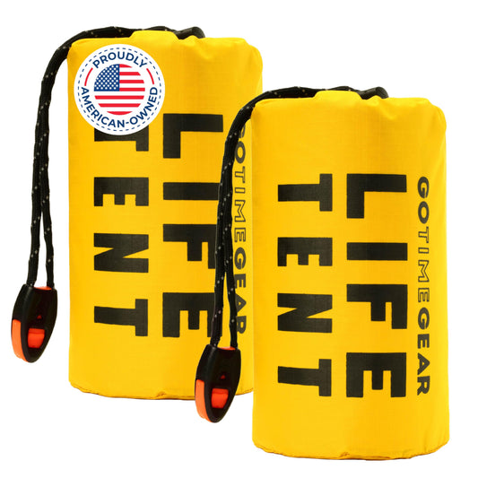 Go Time Gear Survival Life Tent • 2 Person Mylar Emergency Shelter Tube Tent + Paracord • All-Weather Protection for Camping, Hiking, & Survival Kits • Includes Emergency Whistle • 2PK Yellow