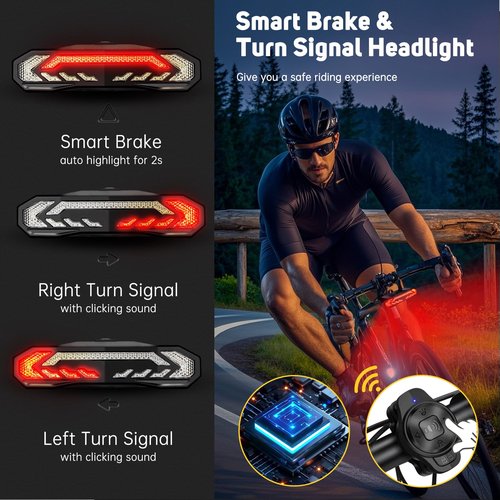 EQIIO Smart Bike Turn Signals, Rechargeable Front Bike Light & Electric Bike Horn, Waterproof Bicycle Alarm System Anti Theft, Cycling Safety Warning Bicycle Turn Signals for Ebike Bicycle Scooter