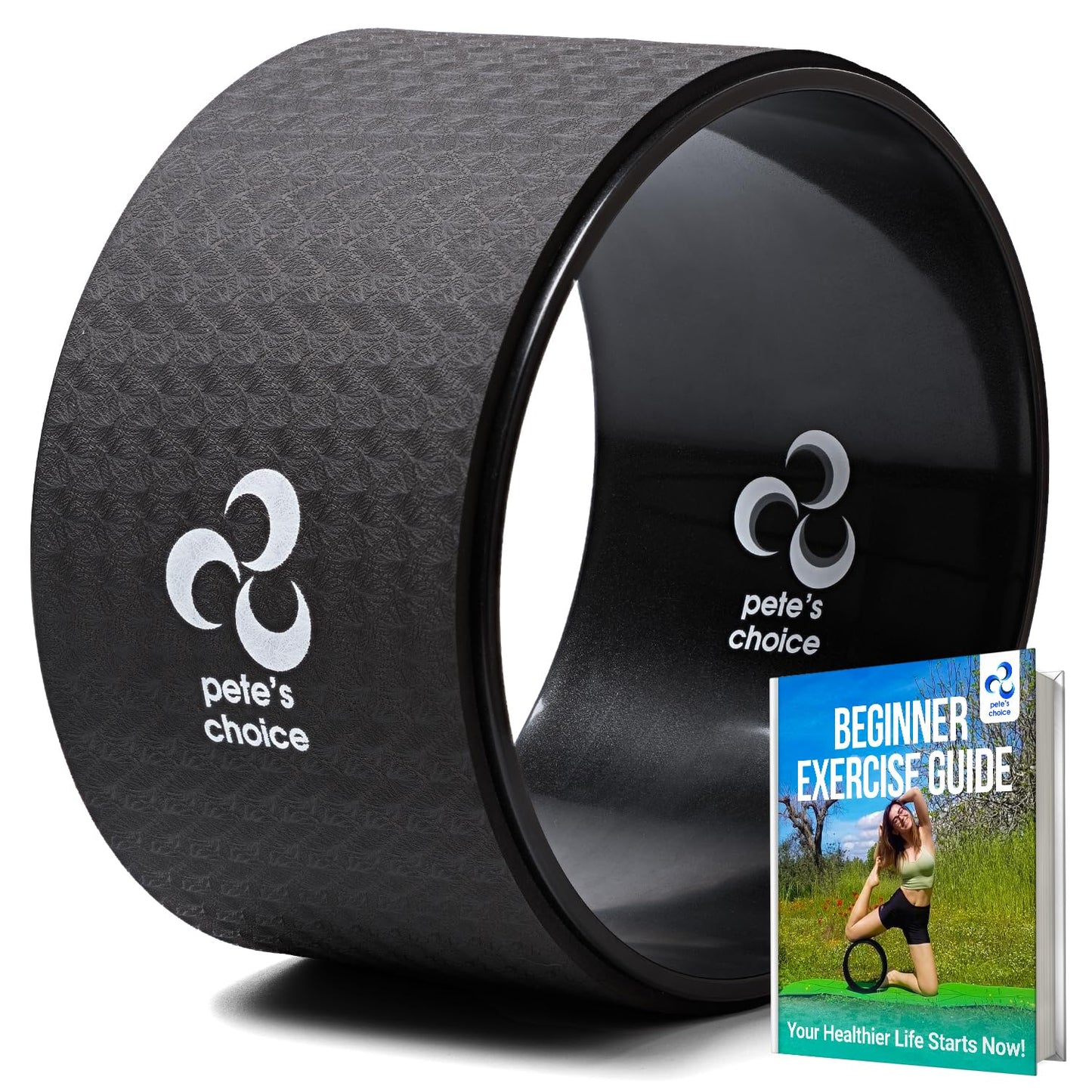 Extra Wide Yoga Wheel - Safer, Comfortable, more Stable Back Roller. Exercise Guide included. Perfect for Beginners. Great Back Stretcher. Improve posture. Large Jumbo Yoga Wheel for back pain.