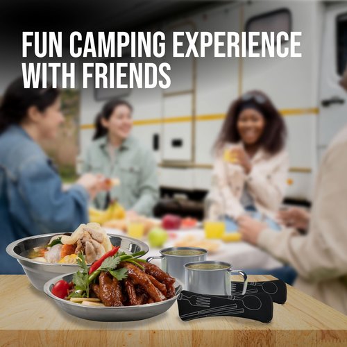 Mess Kit for 2 Person - Camping Kitchen and Utensil Set, Picnic Dish Set, Stainless Steel Dinnerware With Plate, Bowl, Cup for Backpacking
