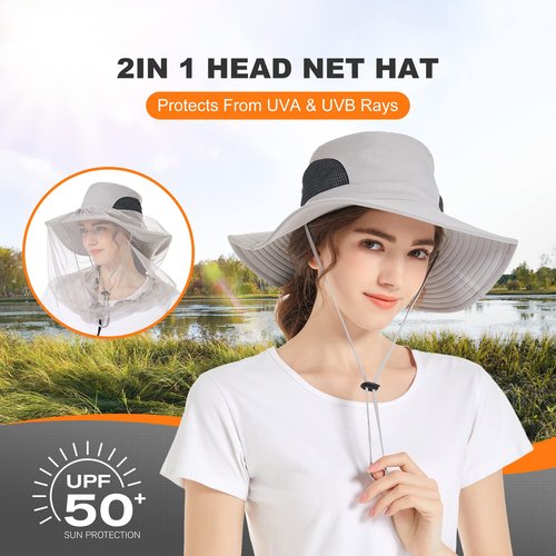 Mosquito Net Hat - Safari Sun Visor Hat with Removable Bug Net for Outdoor Men and Women Light Grey