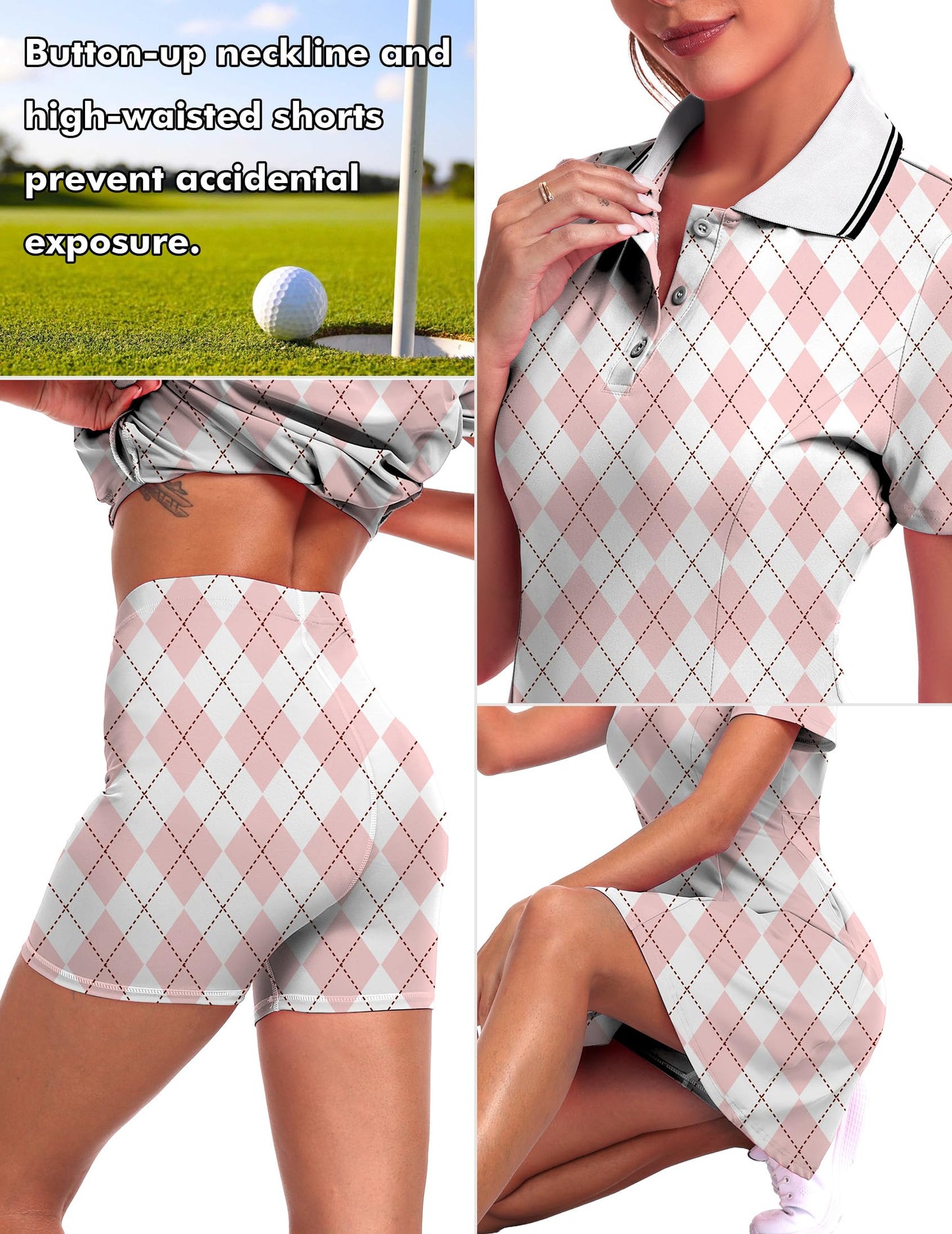 FKEEP Women's Golf Dress Tennis Dresses Workout Athletic Dress with Shorts/Short Sleeve/Pocket (Pink Checkered, S)