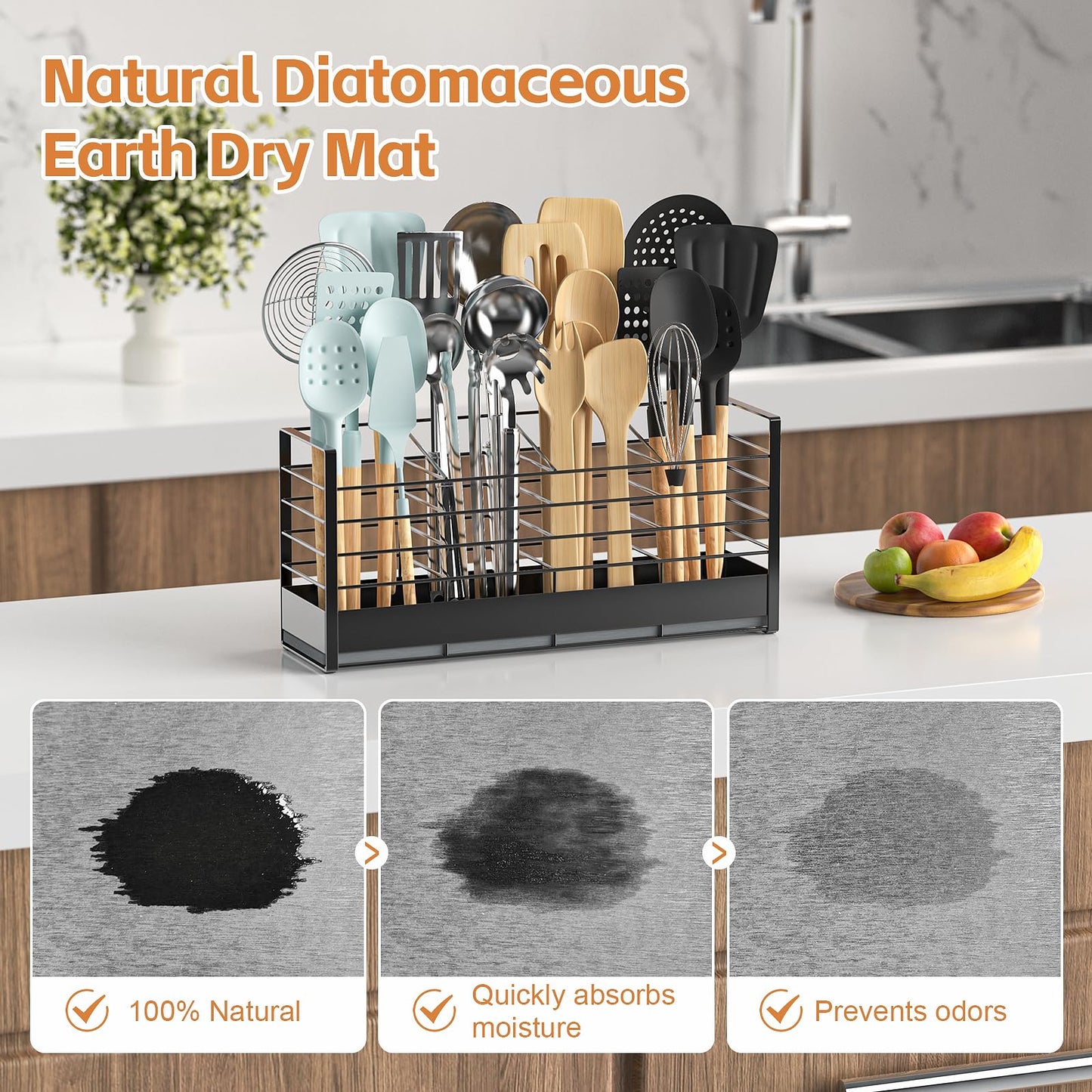 VEESUN Large Utensil Holder with Diatomaceous Earth Base, for Kitchen Counter, Cooking Utensil Organizer, 4 Compartments