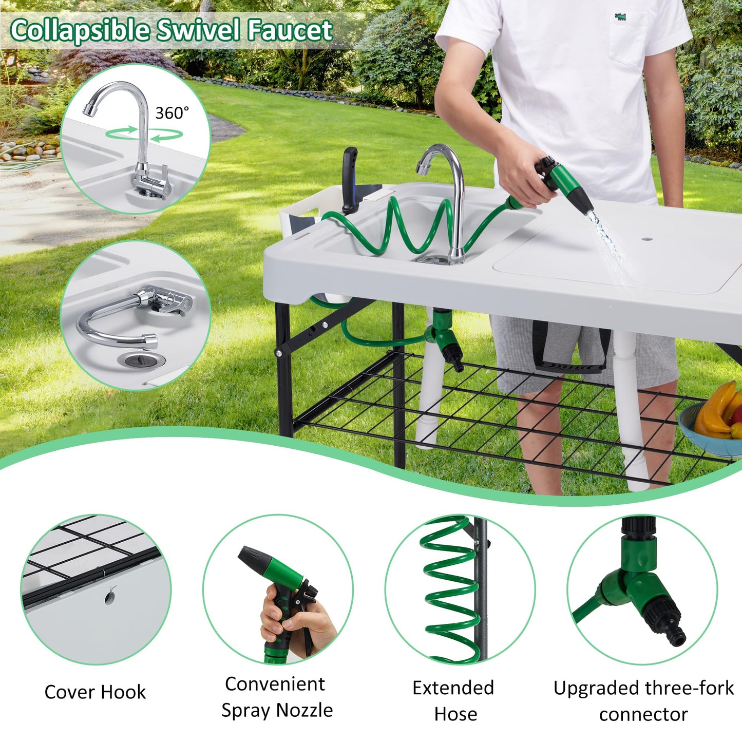 Dragosum 42'' Outdoor Fish Cleaning Table Portable Camping Sink Station with Double Sinks, Collapsible Swivel Faucet, Picnic Sink Table for Picnic Beach Patio