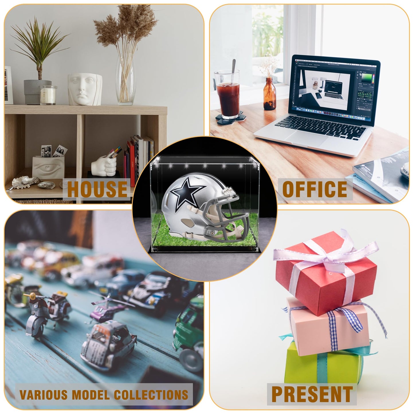 Full Size Football Helmet Display Case with 3-Modes LED Lights & Turf Base – Acrylic Showcase with Mirror Back, Gold Risers, UV Protection – Perfect for Sports Memorabilia & Collectibles