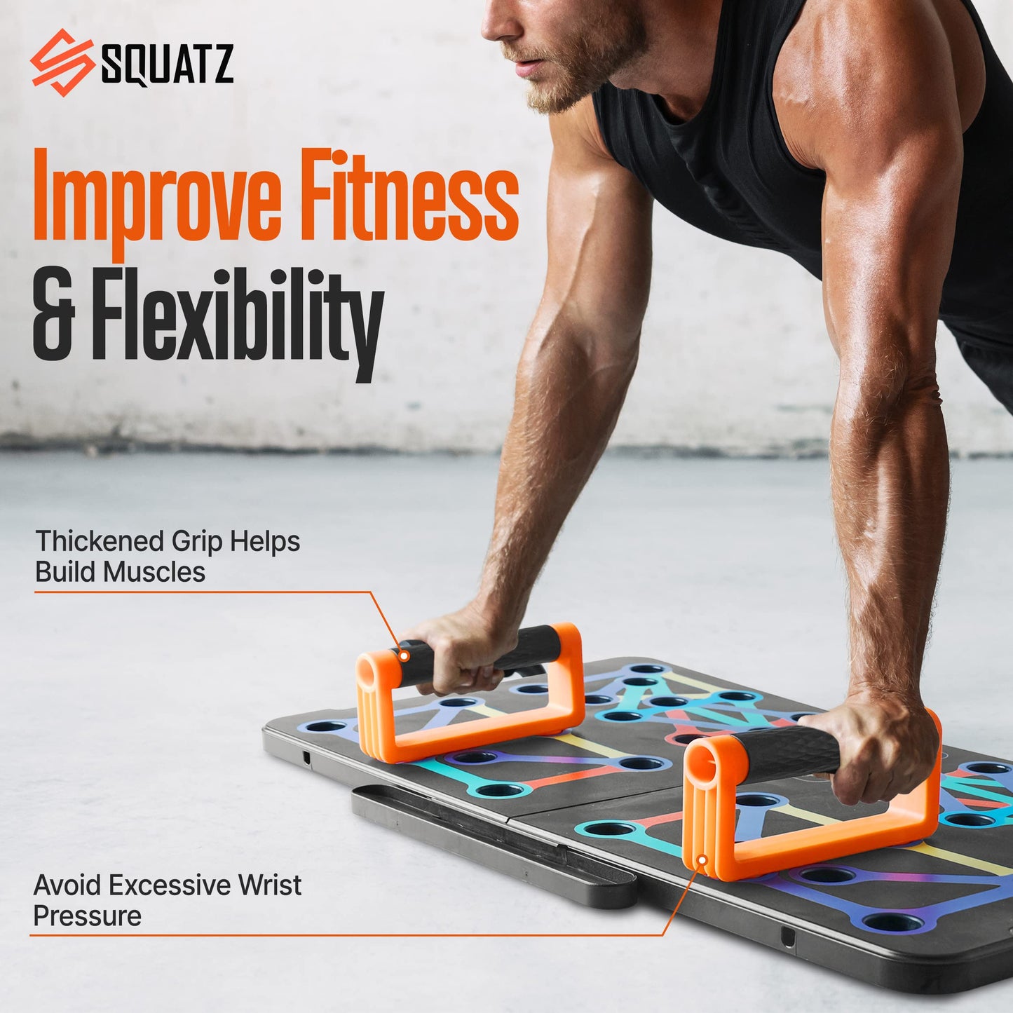 SQUATZ Portable Push Up Board - Push Up Bars Includes 5pcs. Resistance Bands and Pilates Rod - Work Out Equipment for Home Gym - Strength Training Equipment Handles - Weight Capacity: 1,102 lbs