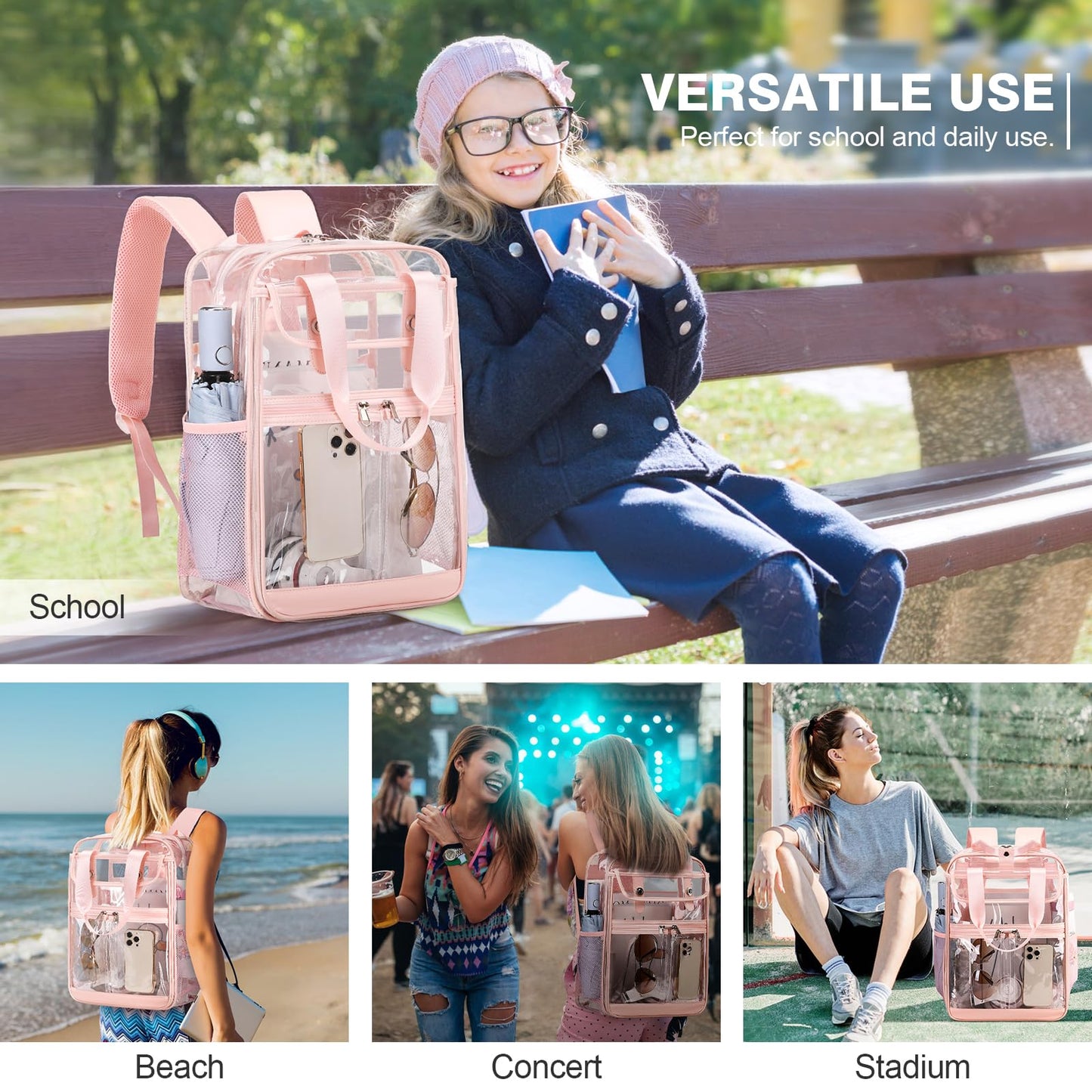 FIXITOK 2PCS Clear Backpack for Women Girls, Heavy Duty Clear Backpack with Clear Tote Bag for Stadium Events, See Through Backpack, Large Transparent Backpack Clear Bookbag for Concert Work Travel