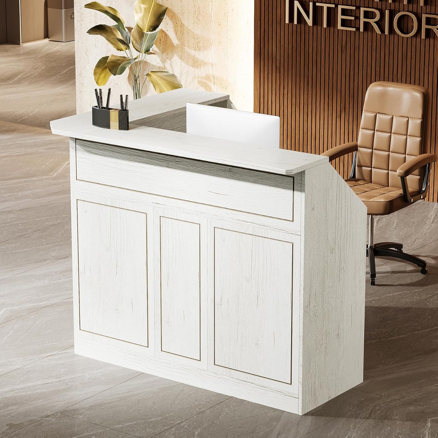Tribesigns Reception Desk with Storage Shelves, L-Shaped Modern Front Desk, Reception Counter Table for Small Office, Salon, Checkout Office, Black