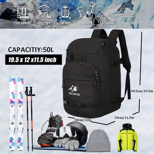 KEOFID Skate bag Backpack,Ski Boot Bag Backpack, Waterproof 50L ski bag, travel back pack for Ski Helmet, Snowboard and Accessories(Black)