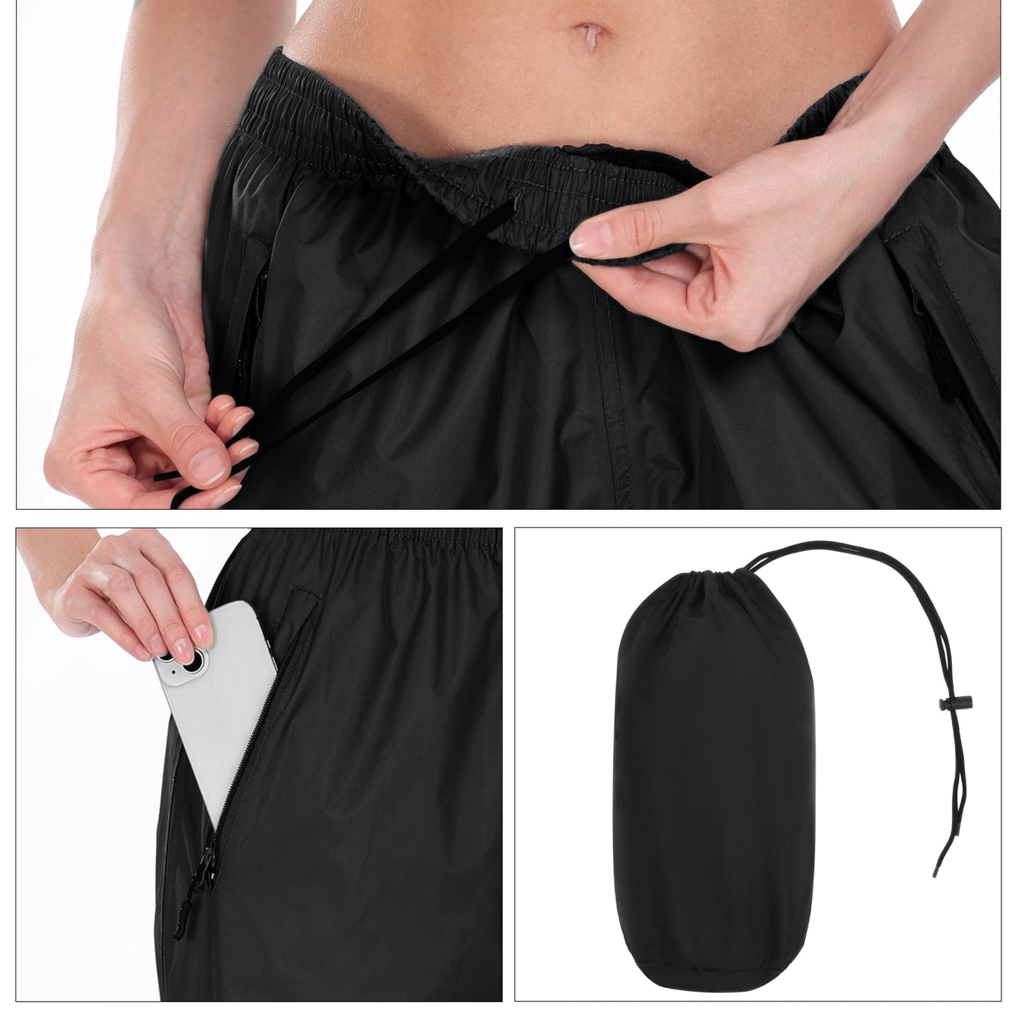 JAEZZIY Women's Rain Pants Waterproof Lightweight Packable Rain Pants Women Windproof Hiking Pants for Outdoor, Fishing (Black M)