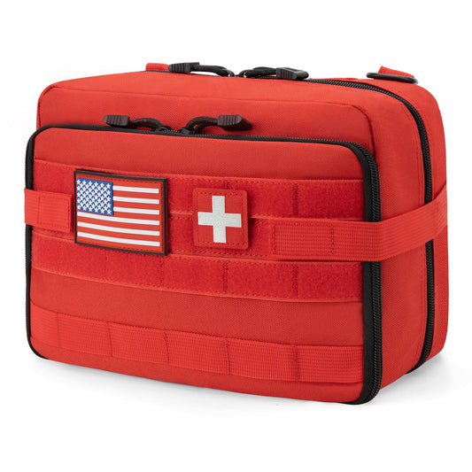 Jueachy First Aid Pouch - Molle Tactical Medical IFAK EMT Pouch - Large Capacity - Includes Flag & Cross Patch - Red