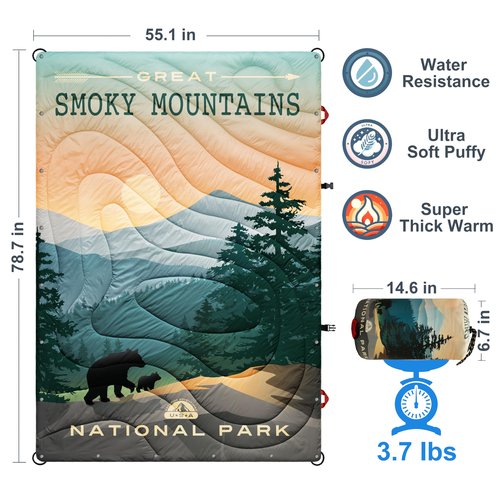 AZITREK Sherpa Puffy Outdoor Camping Blanket for Traveling, Picnics, Beach, Concert, Car, Stadium, Sporting Events - Wearable Warm Waterproof - 55 X 78 (Great Smoky Mountains NP)