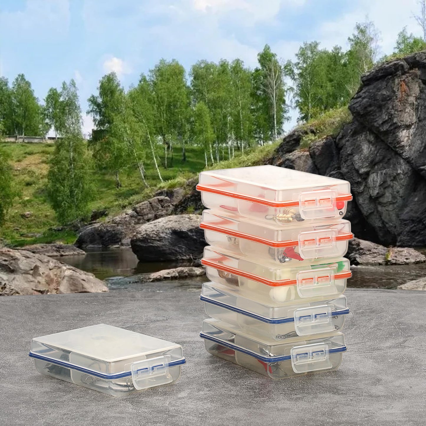 JUXYES Pack of 6 Plastic Small Fishing Tackle Box Organizer with 4 Compartments, Clear Mini Fishing Tackle Storage Boxes with Dividers, Transparent Fish Pocket Tackle Storage Box Lure Box