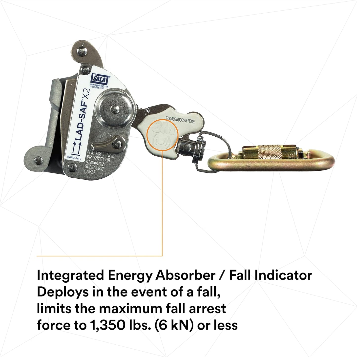 3M DBI-SALA 6160030 Lad-Saf Sleeve with Carabiner, Cam and Inertial Locking Fits 3/8"" and 5/16"" Diameter, Silver