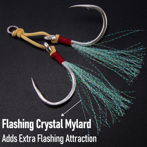 Dr.Fish 10 Pack Double Jigging Assist Hooks Saltwater Replacement Hooks Vertical Jig Lure Mylar Flash Teasers Slow Pitch Fast Fall Diamond Jig Tuna Striper Flounder Mackerel 3/0