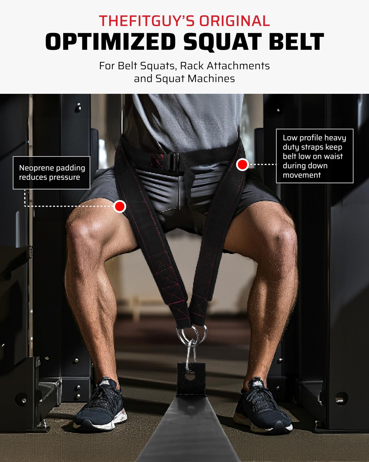 THEFITGUY Ultimate Belt for Belt Squats, Rack Attachment and Squat Machine, Structured Back Support, Stays Low During Down Movement, Padded Hip & Thigh Area, Buckle Strap - No Sliding Down, Heavy Duty