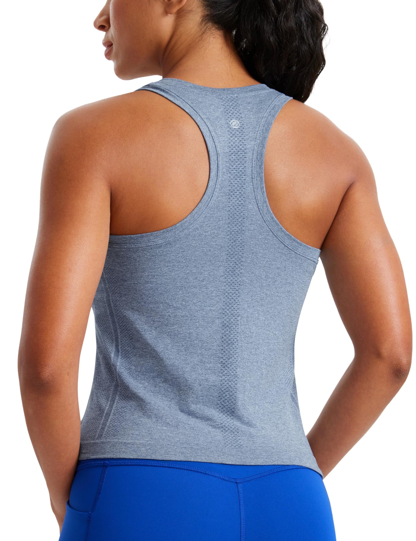 CRZ YOGA Seamless Workout Tank Tops for Women - Athletic Running Gym Sleeveless Shirts Crewneck Racerback Breathable Oasis Blue Heather Large