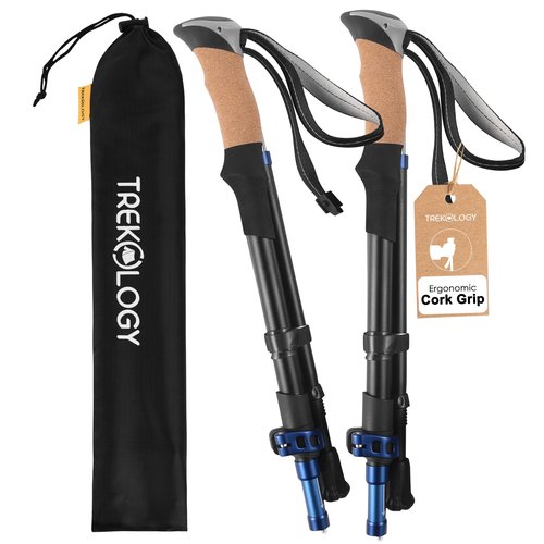TREKOLOGY Hiking Poles with Real Cork Grips, Adjustable for Heights 5'2'' to 6'5'' – Lightweight Trekking Poles, Aircraft-Grade Aluminum, Compact Fold for Hiking & Backpacking (2pc Set) TREKZ Cork SE