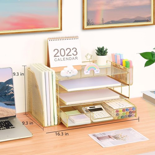 Desk Organizer and Accessories, 4-Tier Desktop File Organizer with Drawer and 2 Pen Holders, Office Desk Accessories for Office Supplies(Black)