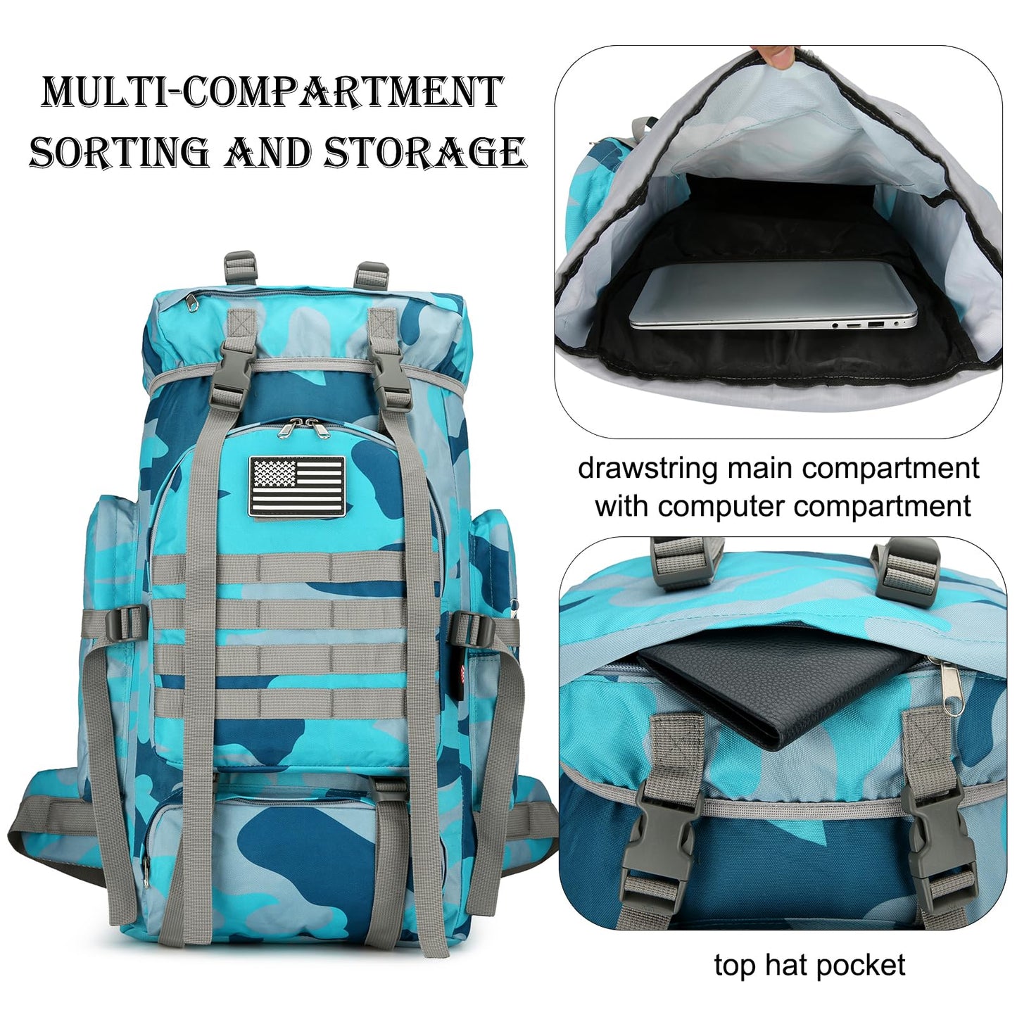 W WINTMING 45L Hiking Backpack Camping Rucksack Molle Military Backpack for Outdoor Traveling (BlueMix)