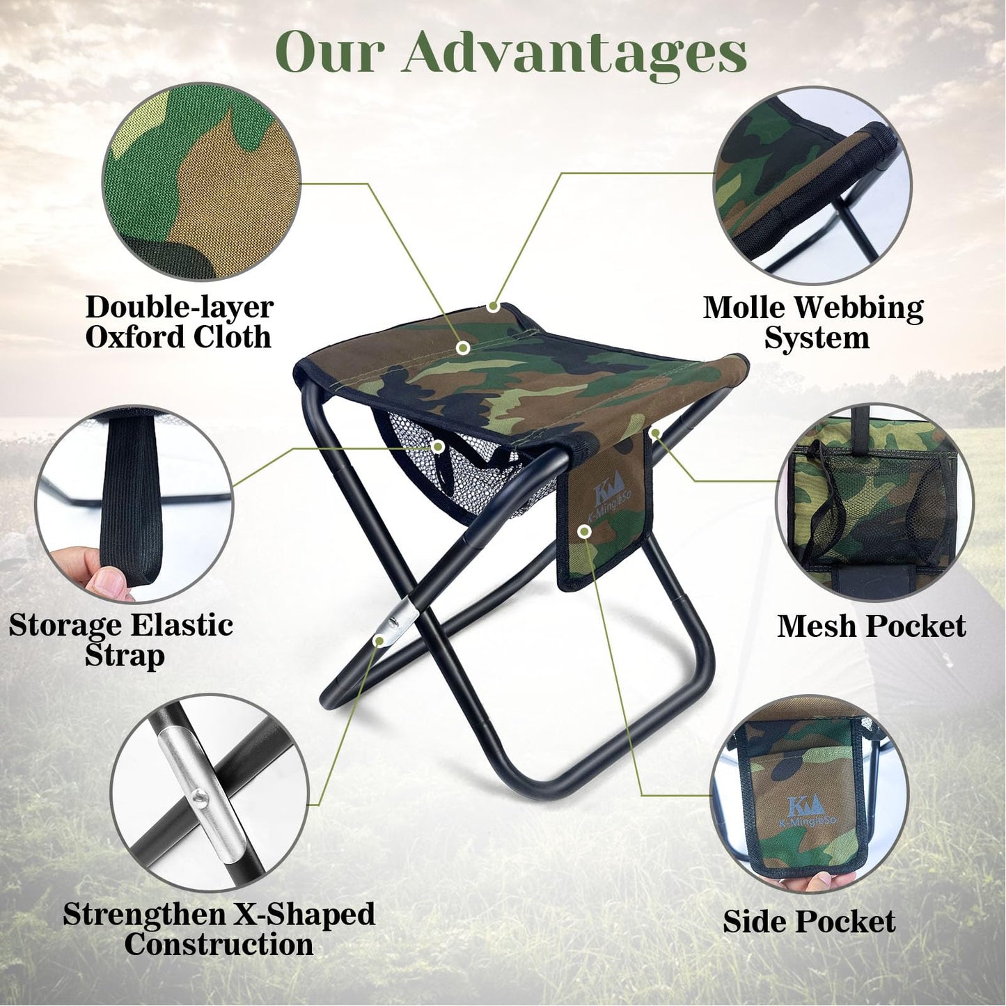 K-MingleSo Upgraded 13 Inch Portable Folding Camping Stool with Side Pocket Mesh Pocket and Molle System, Lightweight Foldable Stool for Adults Gardening Travel BBQ Fishing with Carry Bag[Camo]