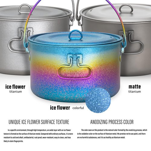 TiTo Titanium 1950ml Outdoor Titanium Pot with Lid Folding Bail Handle Ultralight Portable Kitchen Cookware Hanging Pot for Camping Hiking Picnic Backpacking Soup Pot (Ice Colorful)