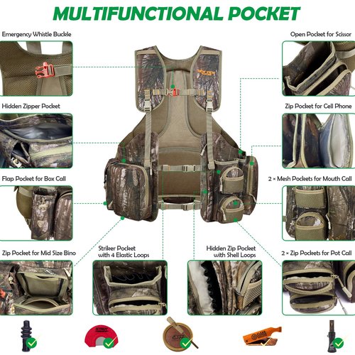 NEW VIEW Turkey Vest with Seat, Adjustable Comfortable Turkey Hunting Vest, Removable Cushion, Game Bag, 20 Pockets, for Turkey Hunters