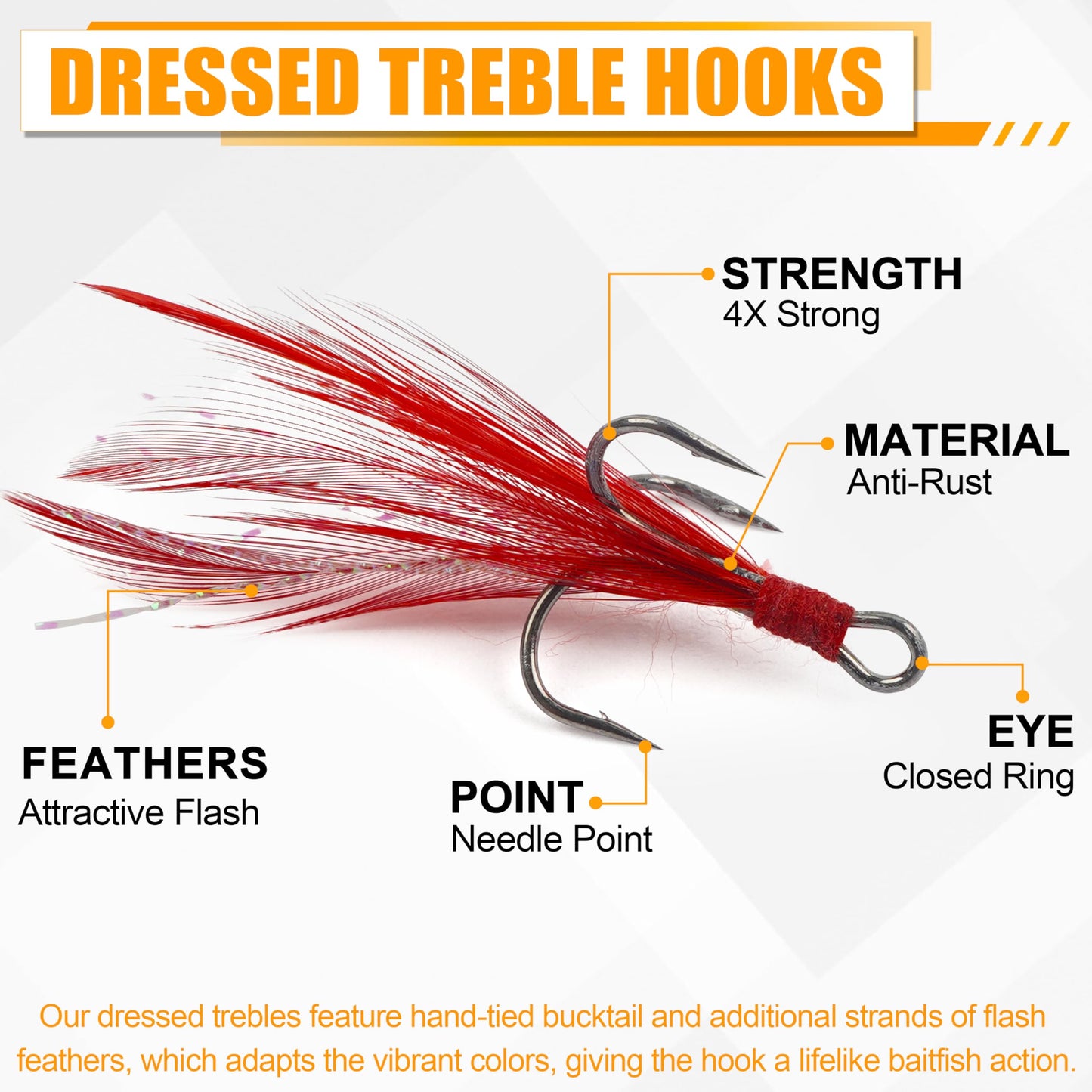Fishing Treble Hooks Feather Hooks,50pcs Feathered Dressed Treble Hooks Kit Round Bend Treble Fishing Hooks Barbed Triple Fish Hooks for Catfish Lure Baits Saltwater Freshwater