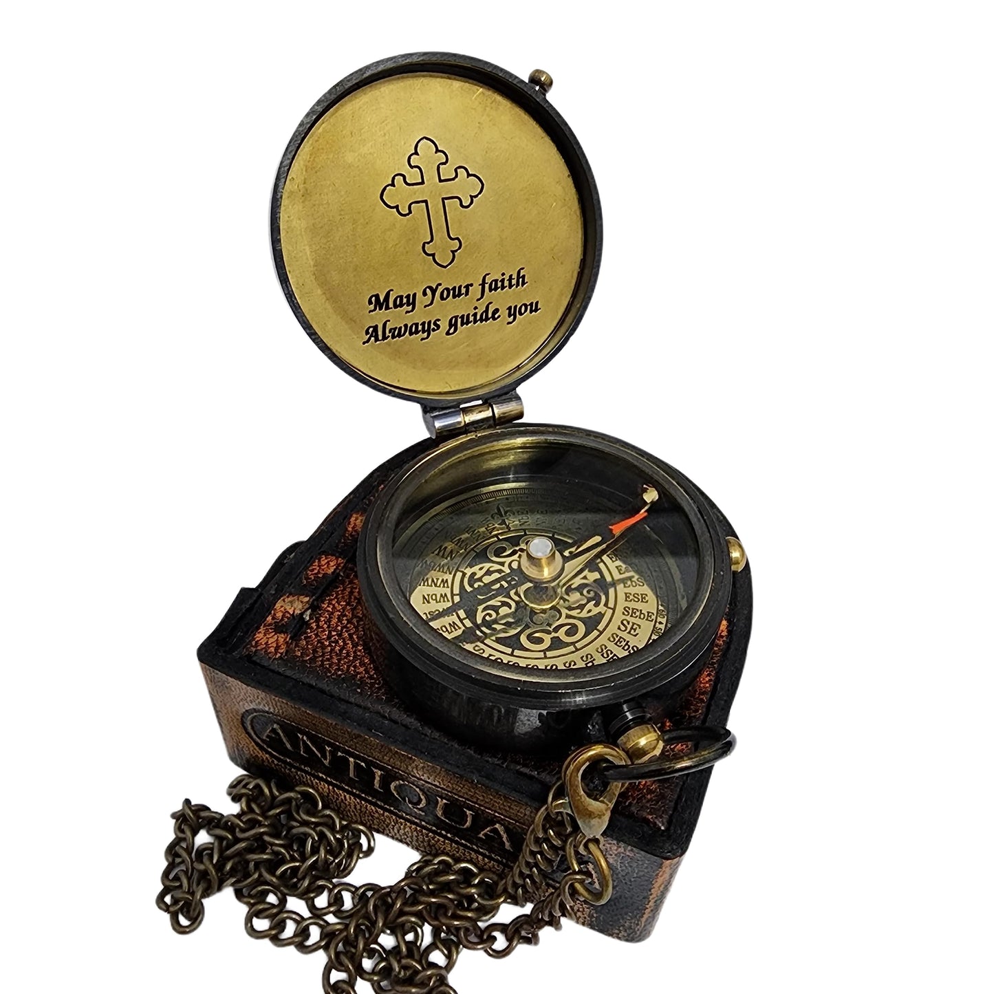 ANTIQUANA Trust in The Lord Engraved Compass with Authentic Leather Case Brass Compass Directional Compass, Baptism Gifts for Boys & Girls, First Communion (May Your Faith withLeather case)