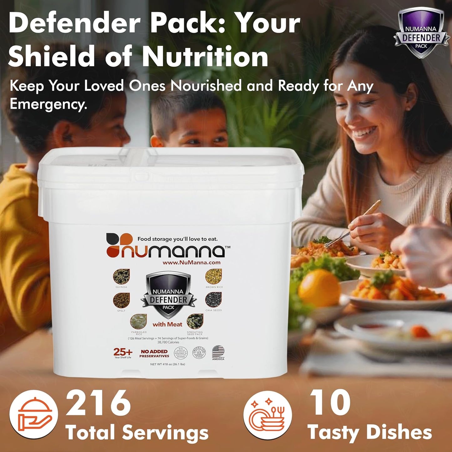 Numanna Defender Pack with Meat Bucket 216 Servings | 1-Month Emergency Food Supply with Protein | Easy-to-Prepare Survival Meals for Prepping, Camping & Daily Use | 25+ Year Shelf Life | Made in USA