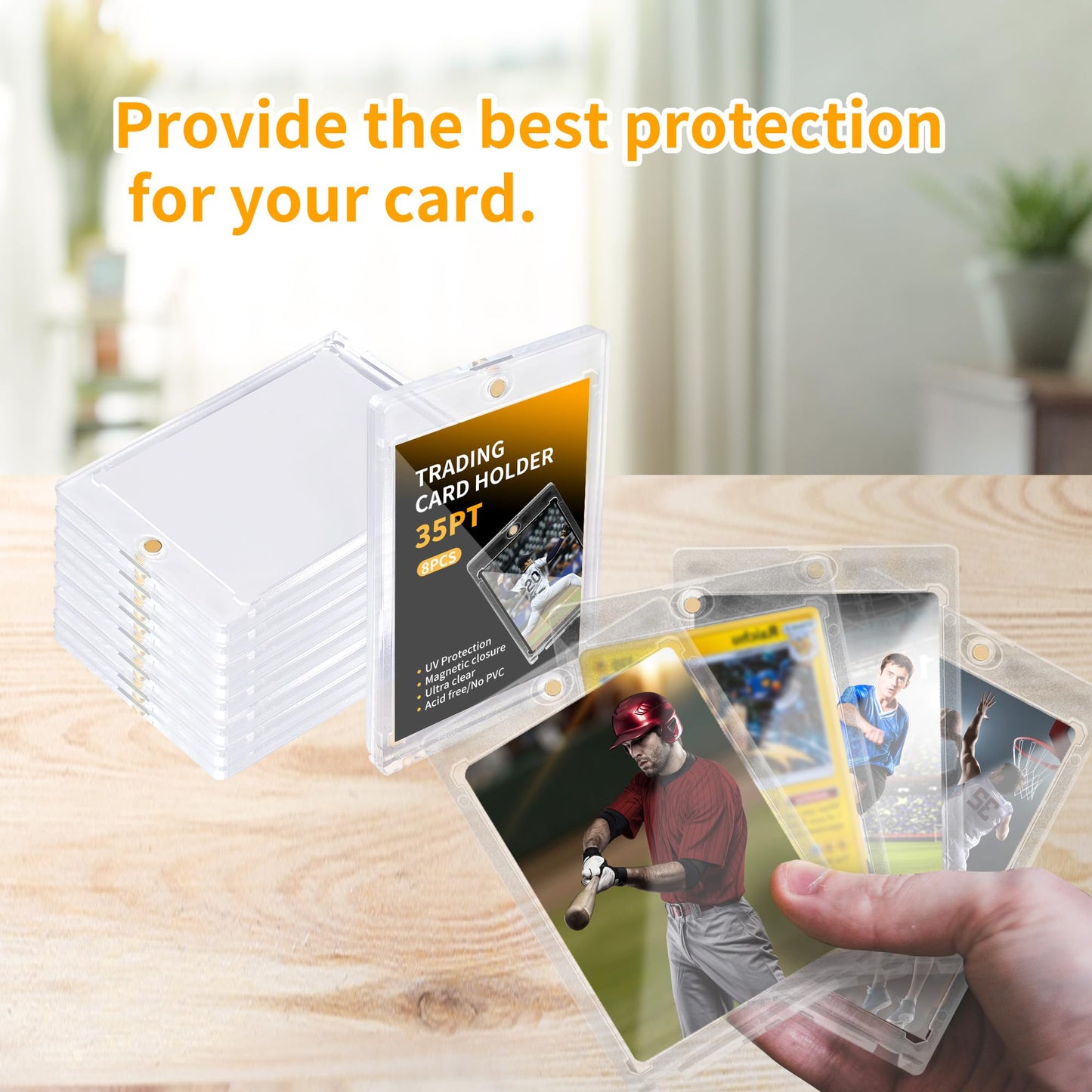 8 Pack - Magnetic Card Holder, 35PT Magnetic Trading Card Holder, Baseball Card Holders, Hard Acrylic Card Cases, Card Protector for Game Baseball Football Soccer Sports Cards, Fit for Standard Card