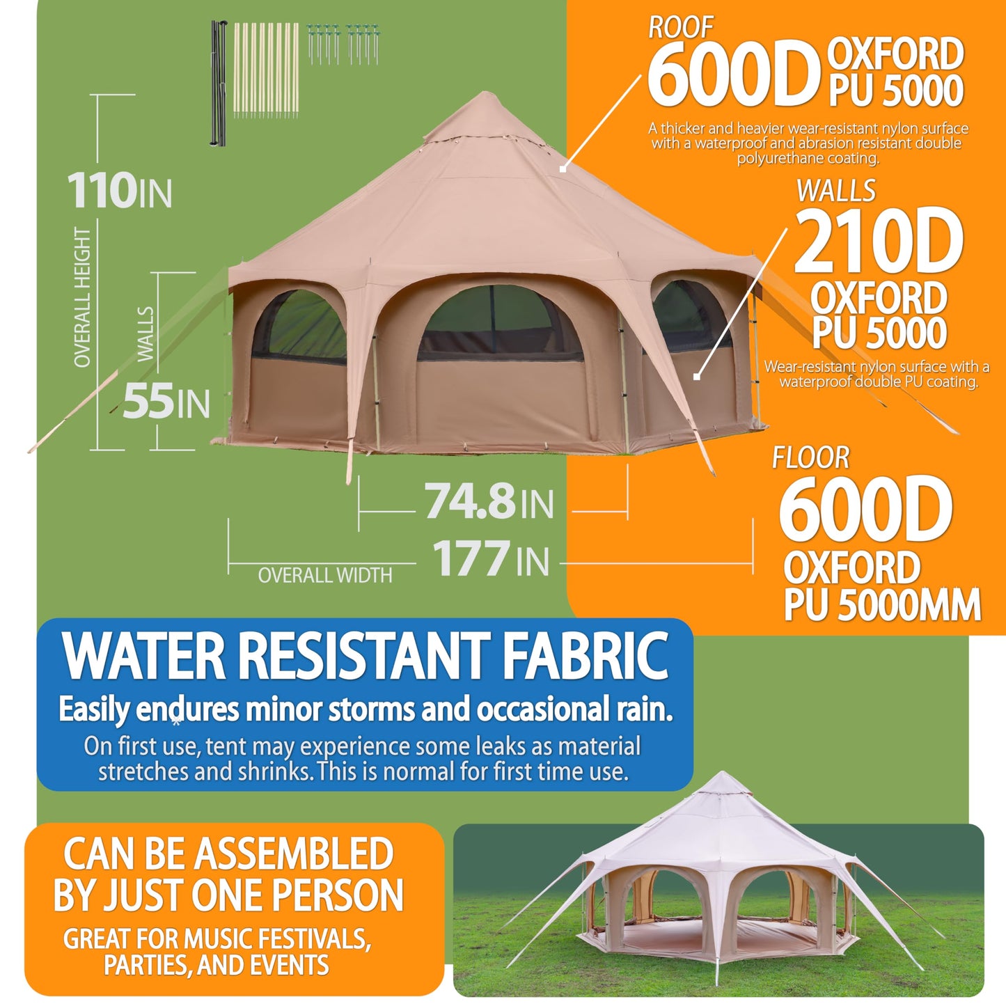 Glamping Canvas Tent - 16x9ft Tent with Stove Jack, Canopy Vents