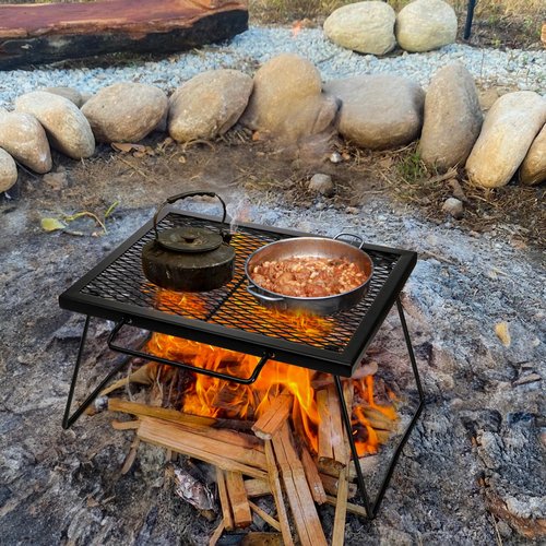 Elsjoy Folding Campfire Grill Grate with Carrying Handle, Portable Camping Grill Over Fire Mesh Grate, Heavy Duty Steel Grate for Outdoor Cooking, Picnic, BBQ