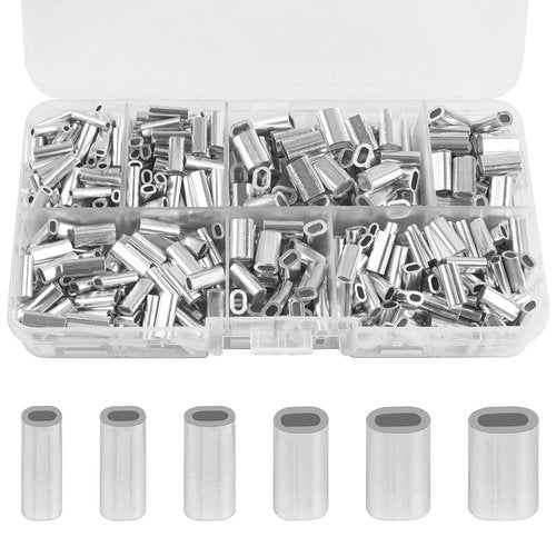 SILANON Fishing Aluminum Crimp Sleeves Kit, 500pcs Single Barrel Crimp Sleeves Oval Crimping Loop Sleeve Assortment Fishing Line Tube Connector Wire Leader Rigging Tackle for Wire Rope Cable