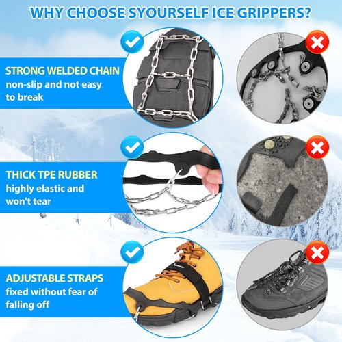SYOURSELF Ice Cleats for Shoes and Boots Women Men, Crampons Non Slip Snow Chains Ice Grippers for Shoes and Boots, Traction Cleats Shoe Spikes for Snow and Ice Fishing Hiking Walking Climbing