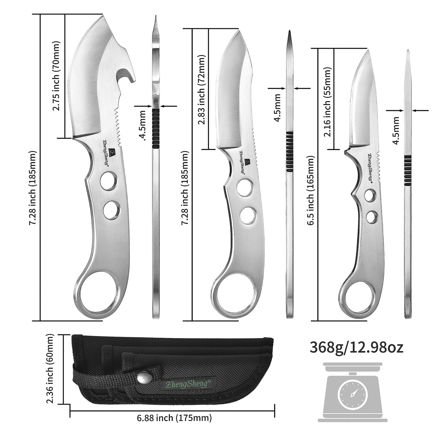ZhengSheng 3 Piece Full Tang Fixed Blade Knives, Survival Knives Bowie knife and Gut Hook Knife with Nylon Sheath for Hiking, Outdoor Camping Activities