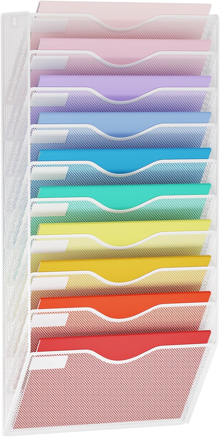 5 Pockets Mesh Hanging Wall File Holder Organizer Wall Mounted Paper Magazine Rack, Black