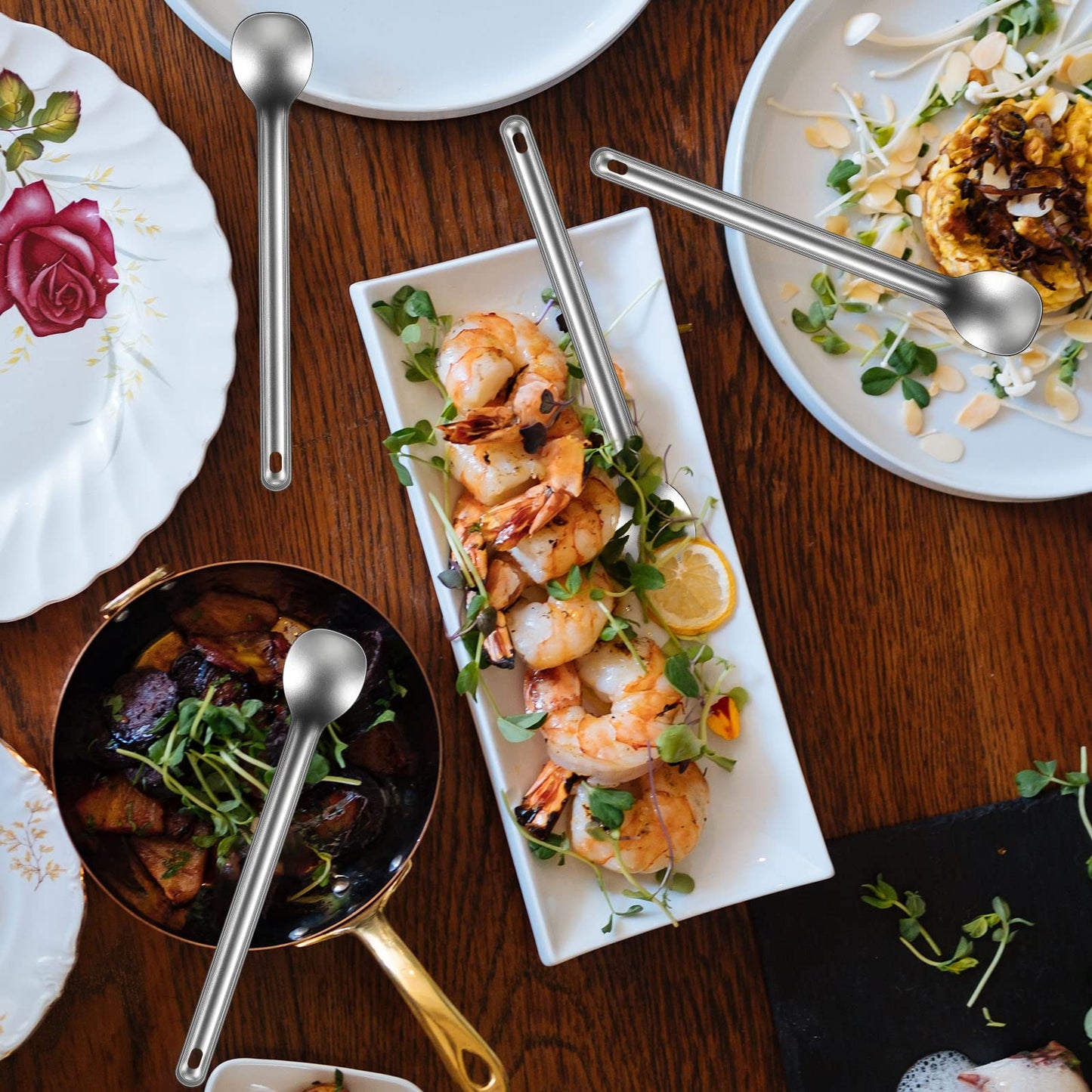 Hoolerry 4 Pieces Camping Spoon Long Handle Titanium Spoon Lightweight Ultralight Portable Flatware Soup Utensil for Outdoor Camping Backpacking Hiking Travel Picnic(Silver)